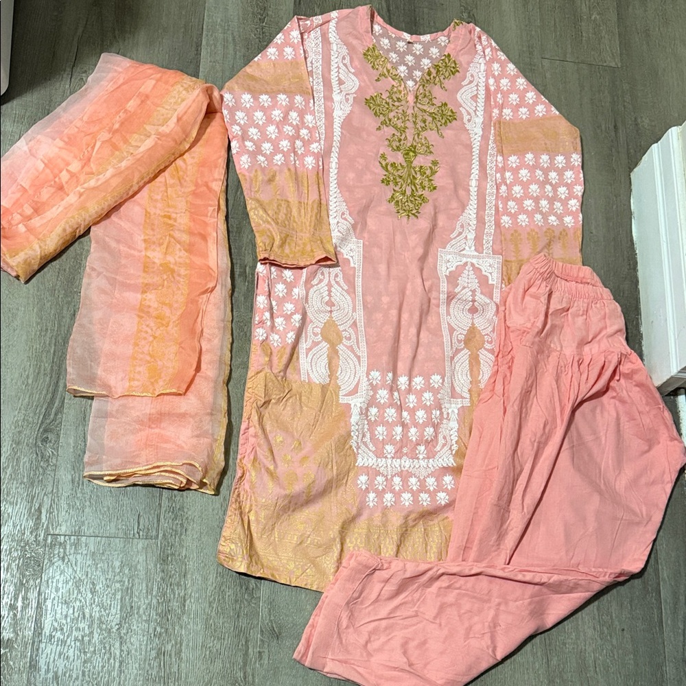 Pink and Gold Embroidered Kurta Set